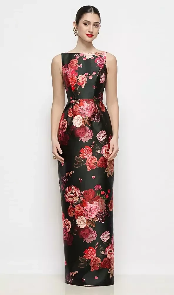alfred sung formal dress D903FDV Bateau Neck Fleur de Villes Satin Maxi with Pleated Column Skirt not-sellable-internationally