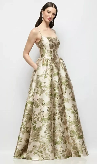 Dessy Collection 3169AFJ  Scoop Neck Drop Basque Skirt Abstract Floral Jacquard Maxi Dress with Pockets #1 frontface vertical thumbnail