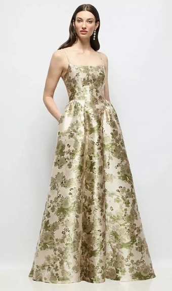 Dessy Collection 3169AFJ  Scoop Neck Drop Basque Skirt Abstract Floral Jacquard Maxi Dress with Pockets #0 default frontface vertical thumbnail