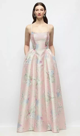 Dessy Collection 3169EFP  Scoop Neck Drop Basque Skirt Esme Floral Satin Maxi Dress with Pockets #0 default frontface vertical thumbnail