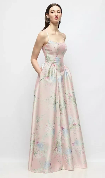 Dessy Collection 3169EFP  Scoop Neck Drop Basque Skirt Esme Floral Satin Maxi Dress with Pockets #1 frontface vertical thumbnail