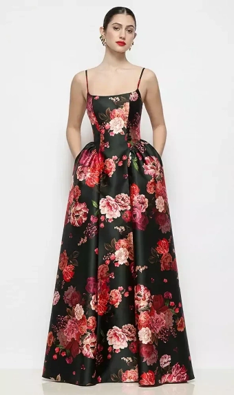 Dessy Collection 3169FDV  Scoop Neck Drop Basque Skirt Fleur de Villes Satin Maxi Dress with Pockets #0 default frontface vertical thumbnail