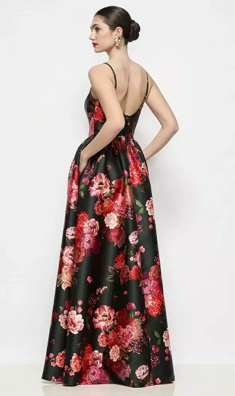 Dessy Collection 3169FDV  Scoop Neck Drop Basque Skirt Fleur de Villes Satin Maxi Dress with Pockets #2 default backface vertical thumbnail