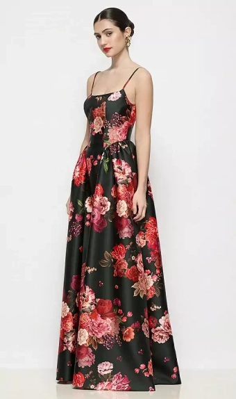 Dessy Collection 3169FDV  Scoop Neck Drop Basque Skirt Fleur de Villes Satin Maxi Dress with Pockets #1 frontface vertical thumbnail