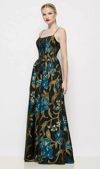 Dessy Collection 3169LOJ  Scoop Neck Drop Basque Skirt Luna Organza Jacquard Floral Maxi Dress #1 frontface vertical thumbnail