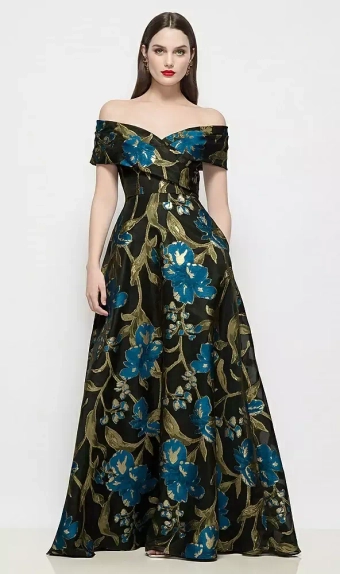 Dessy Collection 3198LOJ  Off-Shoulder Wrap Luna Organza Jacquard Floral Maxi Dress with Full Skirt #0 default frontface vertical thumbnail
