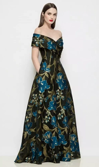Dessy Collection 3198LOJ  Off-Shoulder Wrap Luna Organza Jacquard Floral Maxi Dress with Full Skirt #1 frontface vertical thumbnail