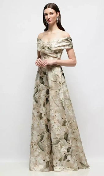 Dessy Collection 3198MOJ  Off-Shoulder Wrap Floral Metallic Organza Jacquard Maxi Dress with Full Skirt #1 frontface vertical thumbnail