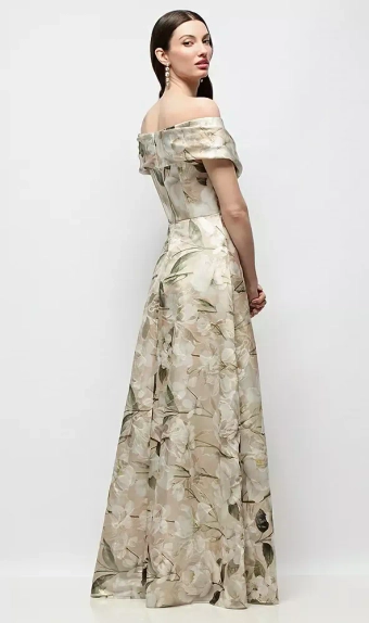 Dessy Collection 3198MOJ  Off-Shoulder Wrap Floral Metallic Organza Jacquard Maxi Dress with Full Skirt #2 default backface vertical thumbnail