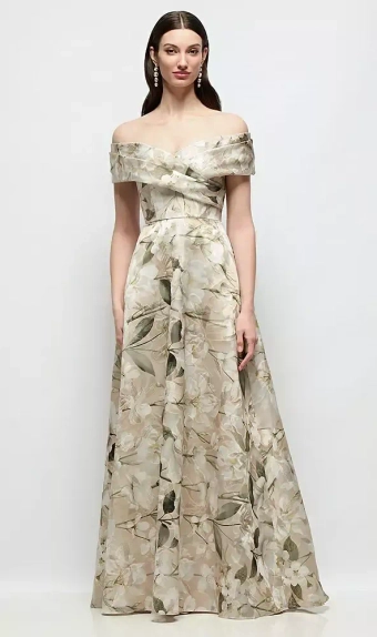 Dessy Collection 3198MOJ  Off-Shoulder Wrap Floral Metallic Organza Jacquard Maxi Dress with Full Skirt #0 default frontface vertical thumbnail