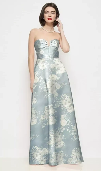 Dessy Collection 3199FP  Strapless Pleated U-Wire Floral Satin Maxi Dress with Semi Circle Skirt #0 default frontface vertical thumbnail