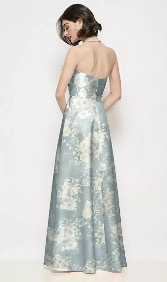 Dessy Collection 3199FP  Strapless Pleated U-Wire Floral Satin Maxi Dress with Semi Circle Skirt #2 default backface vertical thumbnail