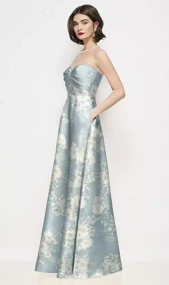 Dessy Collection 3199FP  Strapless Pleated U-Wire Floral Satin Maxi Dress with Semi Circle Skirt #1 frontface vertical thumbnail