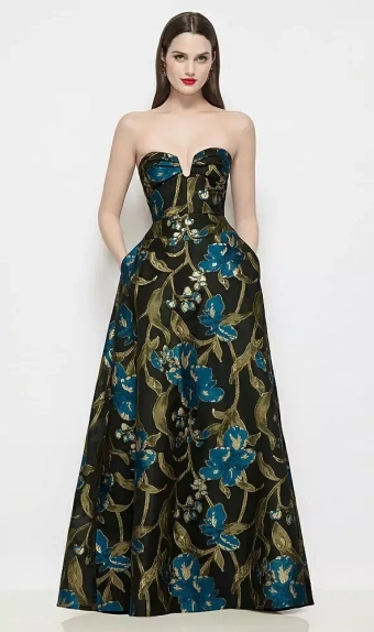 Dessy Collection 3199LOJ  Strapless Pleated U-Wire Organza Jacquard Floral Maxi Dress with Semi Circle Skirt #0 default frontface vertical thumbnail