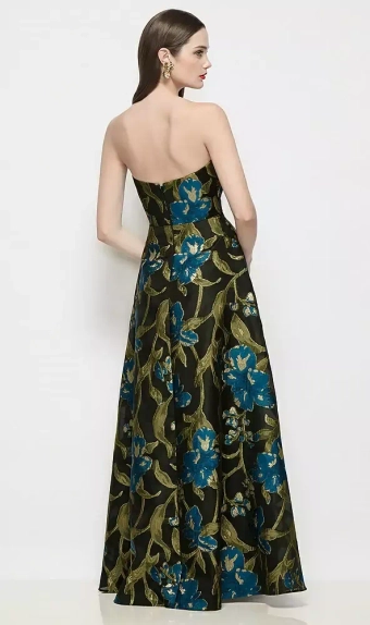 Dessy Collection 3199LOJ  Strapless Pleated U-Wire Organza Jacquard Floral Maxi Dress with Semi Circle Skirt #2 default backface vertical thumbnail