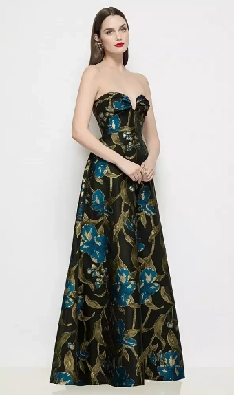 Dessy Collection 3199LOJ  Strapless Pleated U-Wire Organza Jacquard Floral Maxi Dress with Semi Circle Skirt #1 frontface vertical thumbnail