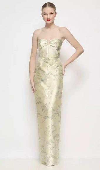 Dessy Collection 3200FP  Strapless Pleated U-Wire Floral Satin Column Maxi Dress #0 default frontface vertical thumbnail