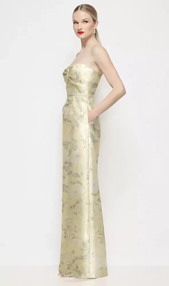 Dessy Collection 3200FP  Strapless Pleated U-Wire Floral Satin Column Maxi Dress #1 frontface vertical thumbnail