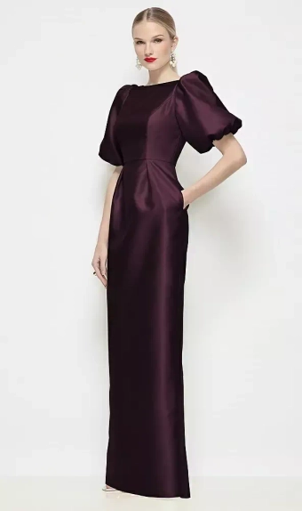 Dessy Collection 3201  Bateau Neck Satin Column Maxi Dress with Puff Sleeves #0 default frontface vertical thumbnail