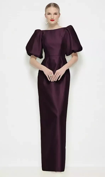 Dessy Collection 3201  Bateau Neck Satin Column Maxi Dress with Puff Sleeves #1 frontface vertical thumbnail