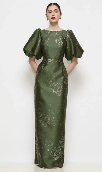 Dessy Collection 3201EGF  Bateau Neck Embossed Gilt Floral Satin Column Maxi Dress with Puff Sleeves #0 default frontface vertical thumbnail