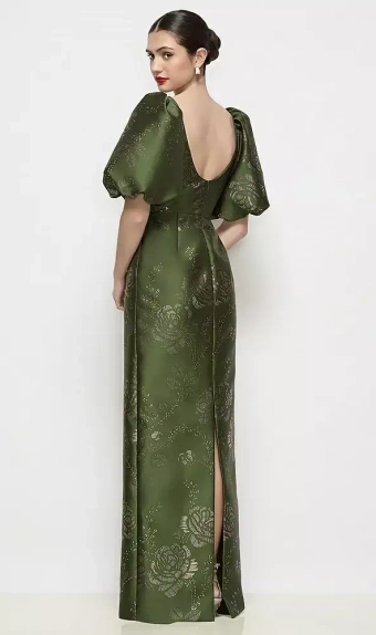 Dessy Collection 3201EGF  Bateau Neck Embossed Gilt Floral Satin Column Maxi Dress with Puff Sleeves #2 default backface vertical thumbnail