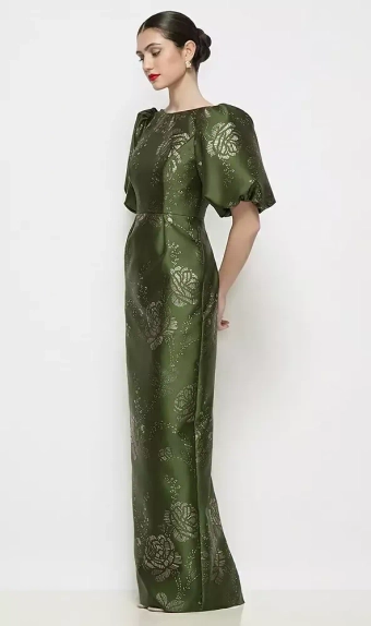 Dessy Collection 3201EGF  Bateau Neck Embossed Gilt Floral Satin Column Maxi Dress with Puff Sleeves #1 frontface vertical thumbnail