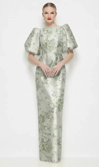 Dessy Collection 3201FP  Bateau Neck Floral Satin Column Maxi Dress with Puff Sleeves #0 default frontface vertical thumbnail