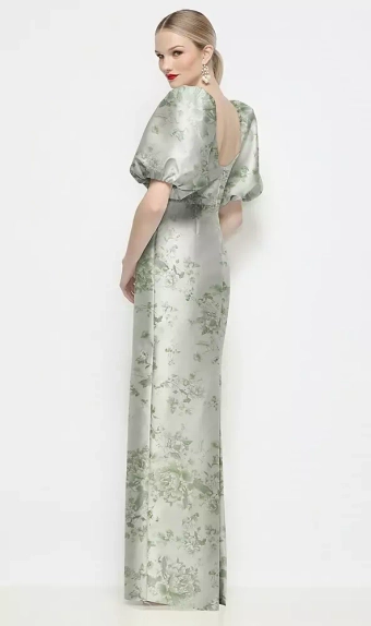 Dessy Collection 3201FP  Bateau Neck Floral Satin Column Maxi Dress with Puff Sleeves #2 default backface vertical thumbnail