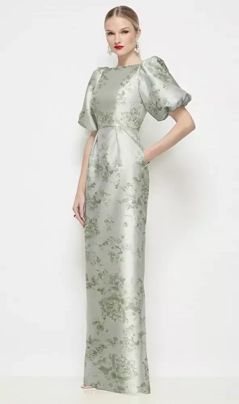 Dessy Collection 3201FP  Bateau Neck Floral Satin Column Maxi Dress with Puff Sleeves #1 frontface vertical thumbnail