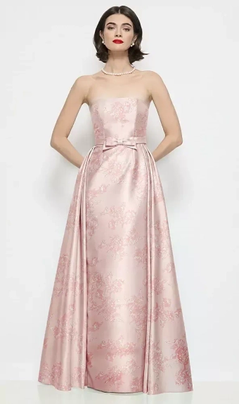 Dessy Collection 3202FP  Strapless Bow-Waist Floral Satin Column Dress with Overskirt #0 default frontface vertical thumbnail