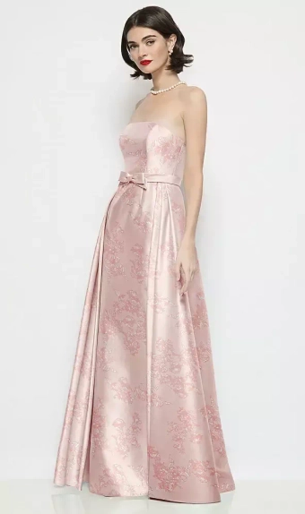 Dessy Collection 3202FP  Strapless Bow-Waist Floral Satin Column Dress with Overskirt #1 frontface vertical thumbnail
