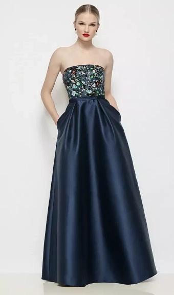 Dessy Collection 3203MFS  Strapless Mosaic Floral Sequin & Navy Satin Maxi Dress #0 default frontface vertical thumbnail