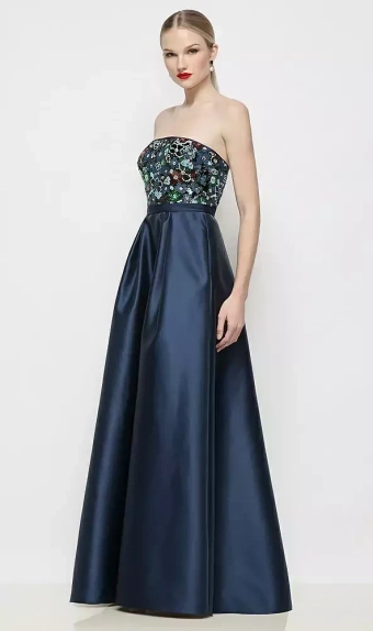 Dessy Collection 3203MFS  Strapless Mosaic Floral Sequin & Navy Satin Maxi Dress #1 frontface vertical thumbnail