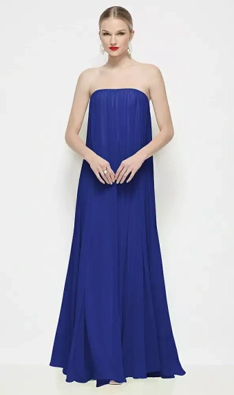 Dessy Collection 3204  Strapless Shirred Chiffon Trapeze Maxi Dress #0 default frontface vertical thumbnail