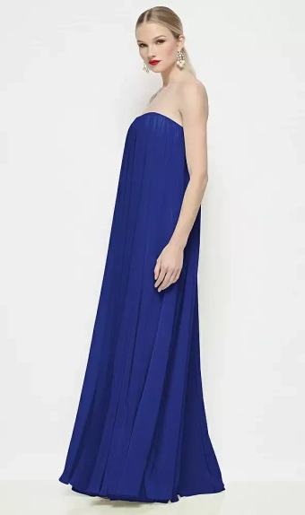 Dessy Collection 3204  Strapless Shirred Chiffon Trapeze Maxi Dress #1 frontface vertical thumbnail