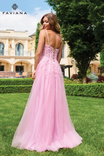 Faviana 11230 Sparkle Tulle Corset Gown With Floral Appliqué #1 Cotton Candy Pink backface vertical thumbnail