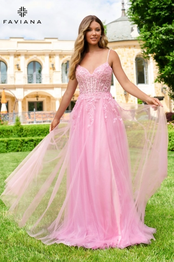 Faviana 11230 Sparkle Tulle Corset Gown With Floral Appliqué #4 Cotton Candy Pink frontface vertical thumbnail
