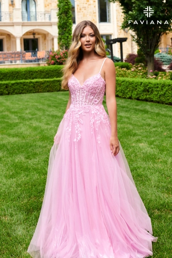 Faviana 11230 Sparkle Tulle Corset Gown With Floral Appliqué #0 default Cotton Candy Pink frontface vertical thumbnail