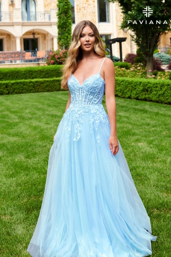 Faviana 11230 Sparkle Tulle Corset Gown With Floral Appliqué #3 Light Blue frontface vertical thumbnail