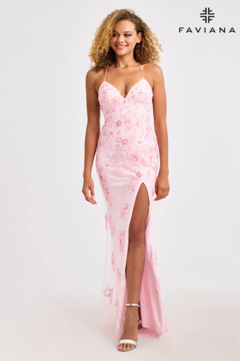 Faviana 11251 Long V-Neck Dress With Floral Beaded Appliqué #3 frontface vertical thumbnail
