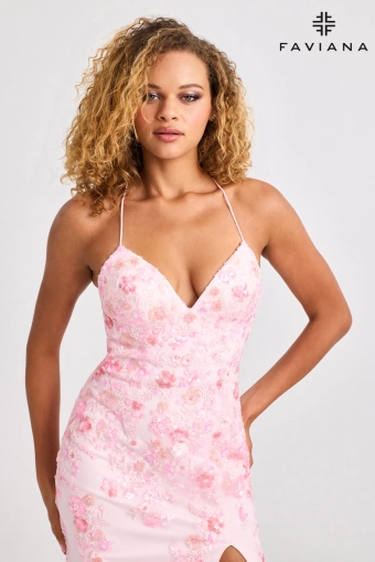 Faviana 11251 Long V-Neck Dress With Floral Beaded Appliqué #2 frontface vertical cropped thumbnail