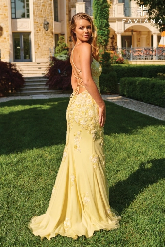 Faviana 11251 Long V-Neck Dress With Floral Beaded Appliqué #1 default Light Yellow backface vertical thumbnail