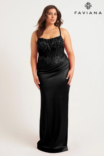 Faviana 9592 Plus Size Satin Corset Dress With Exposed Boning And Beading #2 Black frontface vertical thumbnail