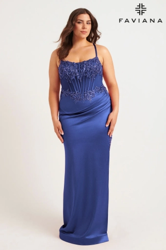 Faviana 9592 Plus Size Satin Corset Dress With Exposed Boning And Beading #5 frontface vertical thumbnail