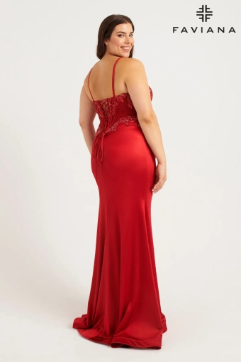 Faviana 9592 Plus Size Satin Corset Dress With Exposed Boning And Beading #1 Red backface vertical thumbnail