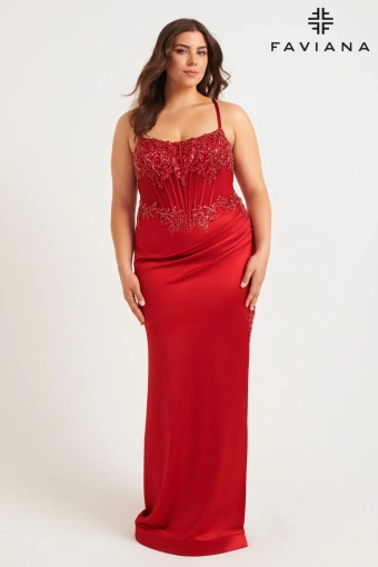 Faviana 9592 Plus Size Satin Corset Dress With Exposed Boning And Beading #3 Red frontface vertical thumbnail
