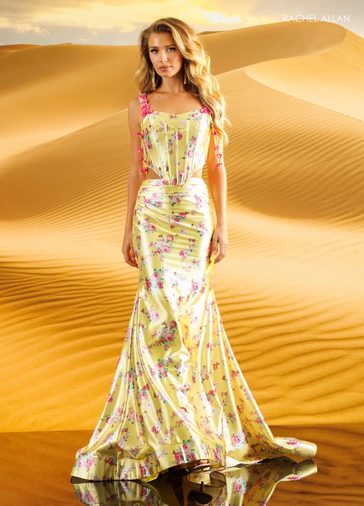 Rachel Allan Style #71250 #0 default Yellow Print frontface vertical picture