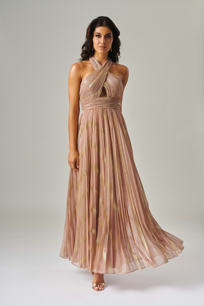 forever unique plisse prom maxi dress in rose gold