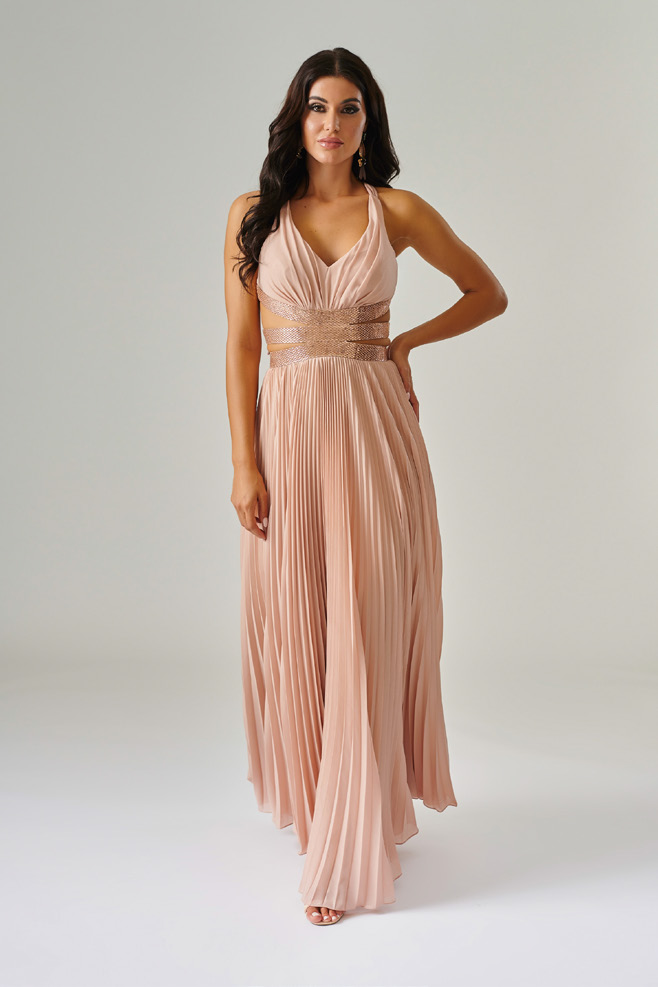 forever unique plisse prom maxi dress in rose gold